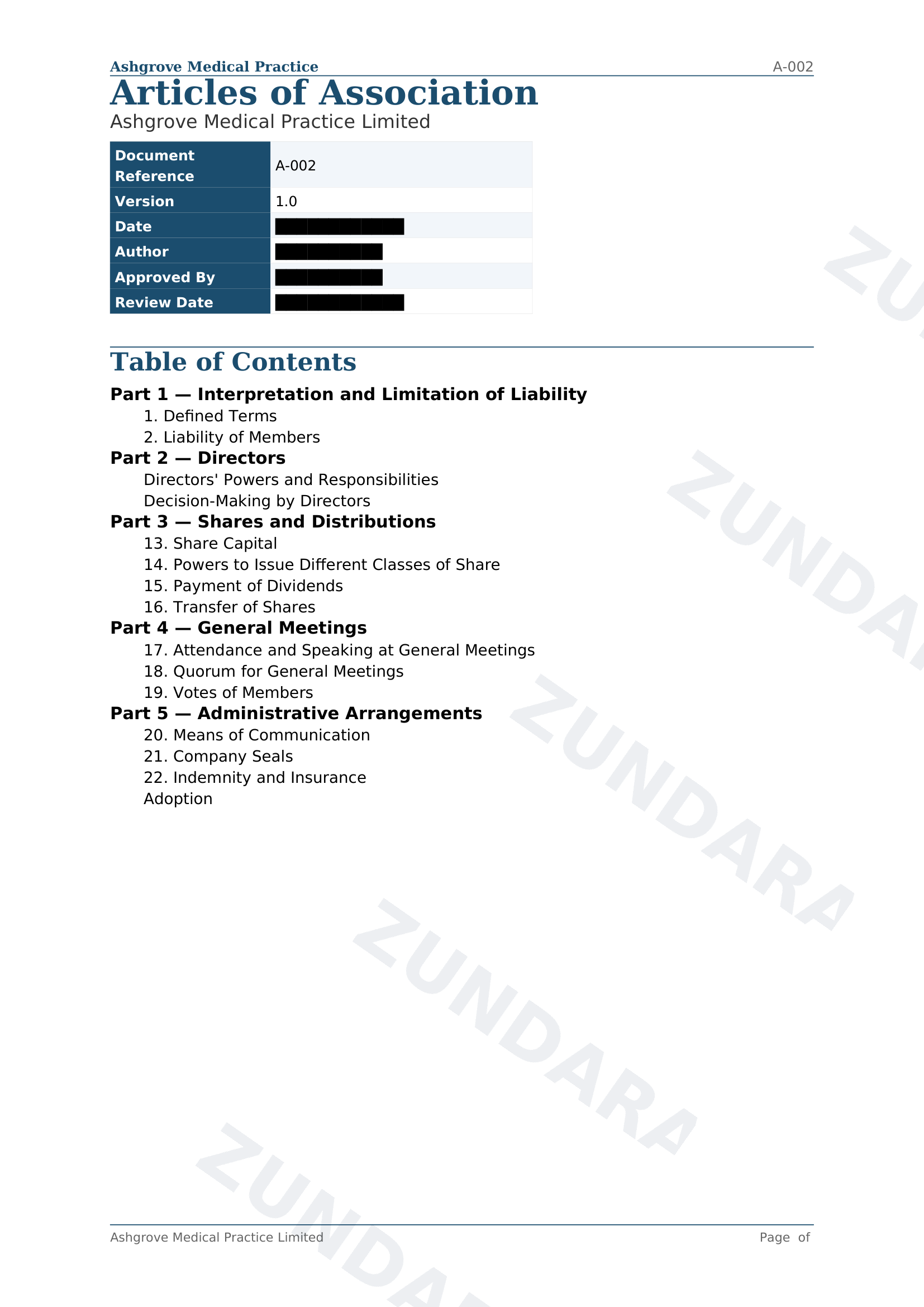 Preview of Articles of Association
