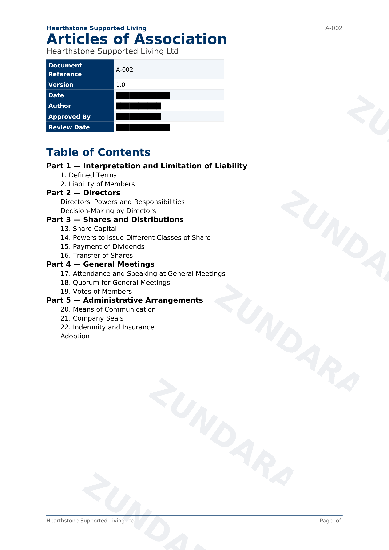 Preview of Articles of Association