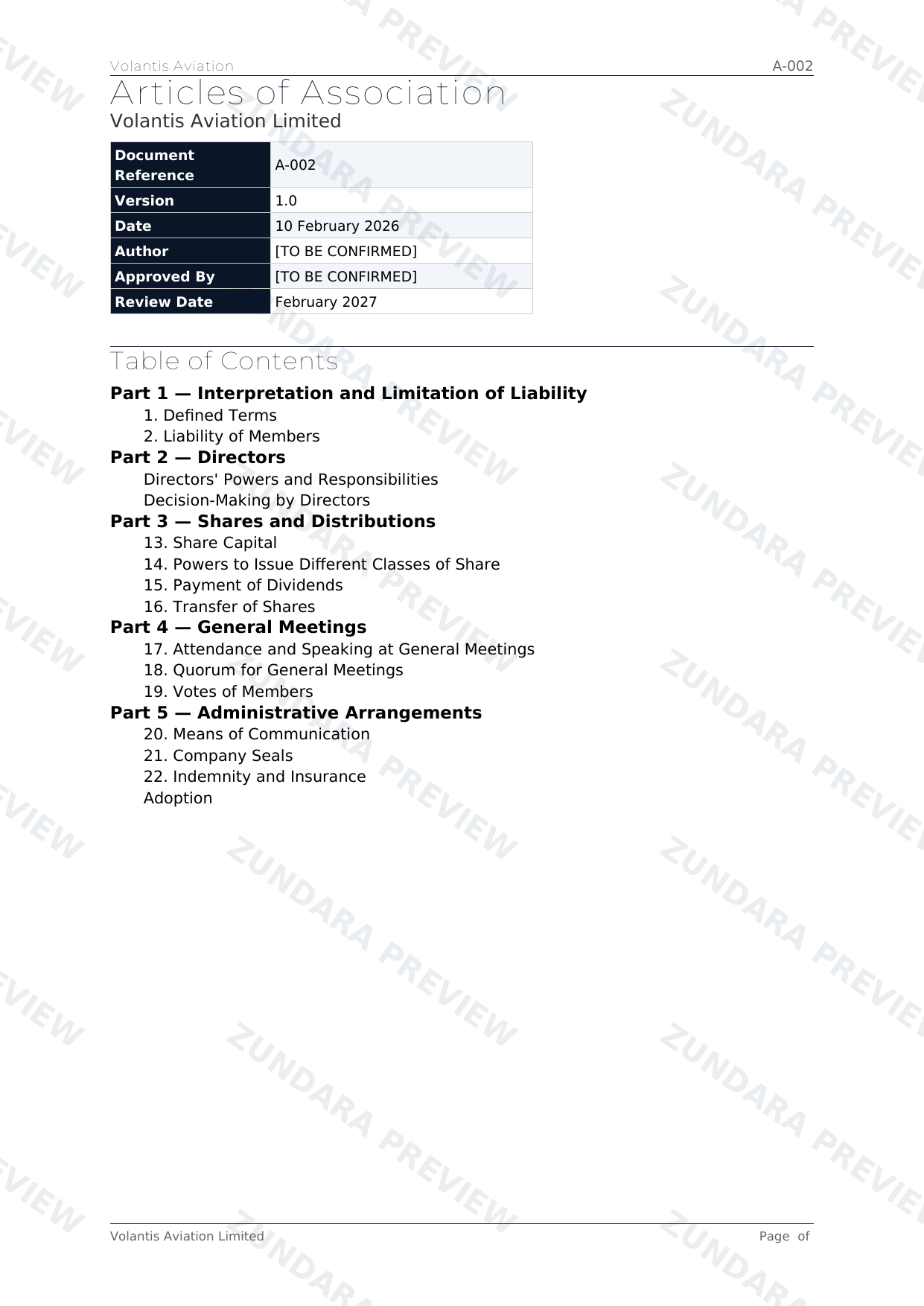 Preview of Articles of Association