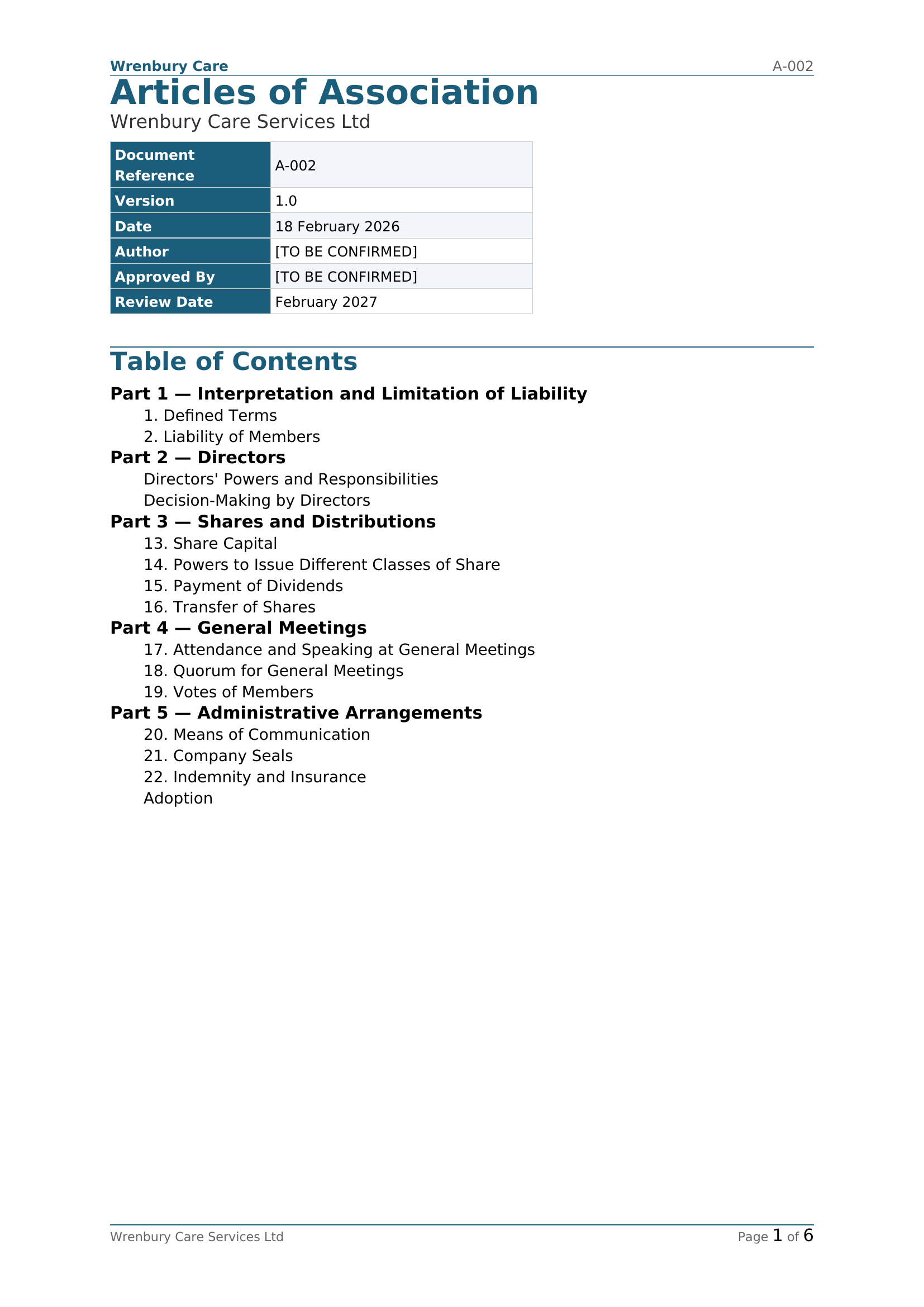 Preview of Articles of Association