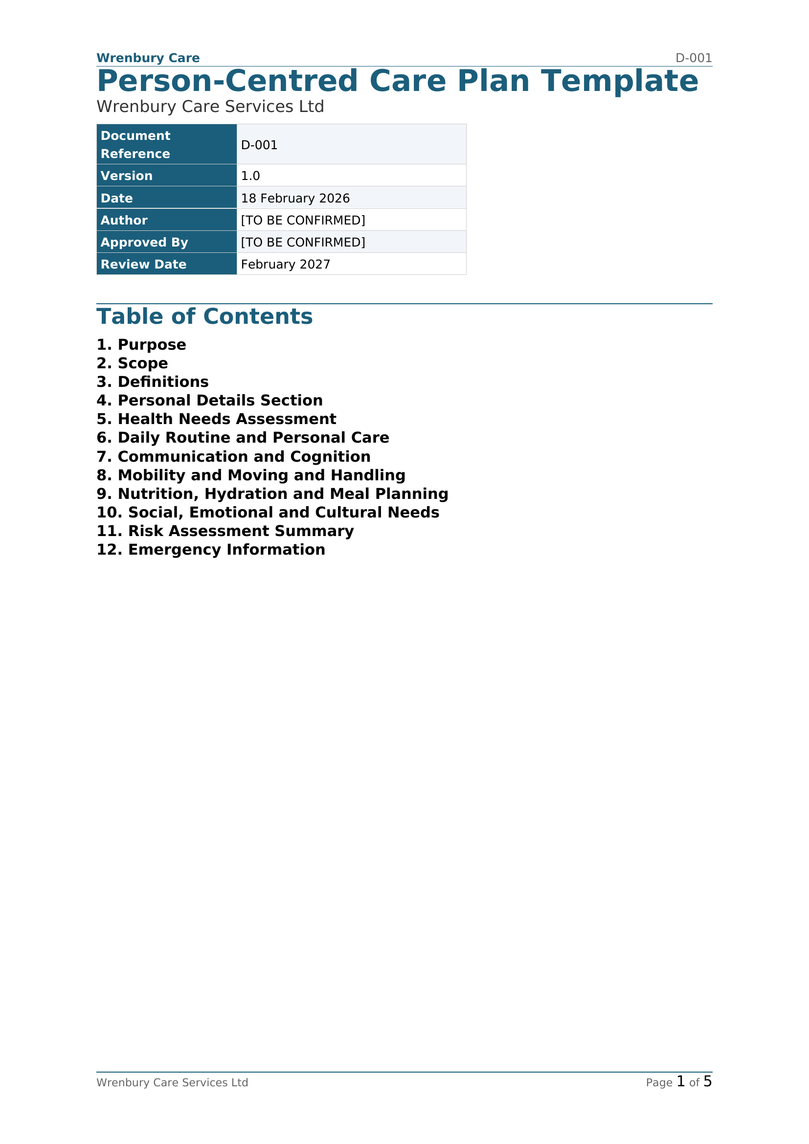 Preview of Person Centred Care Plan Template